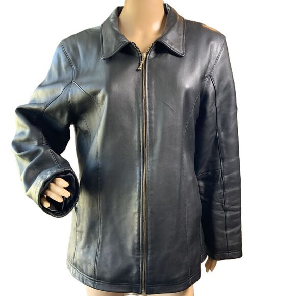 Burks Bay Black Zipper Closure Collared Leather Jacket Size Medium Vintage 90's - Picture 1 of 14